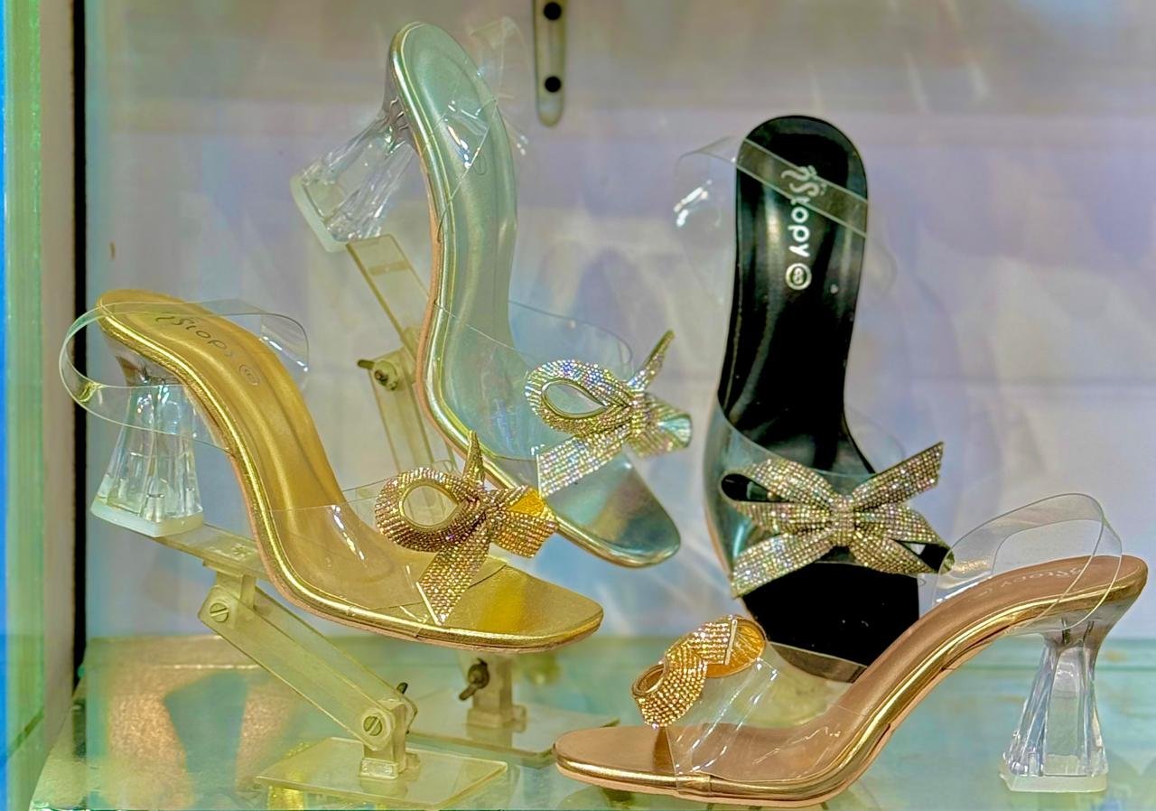 VOV Crystal Bow High Heel Sandals – Gold & Clear