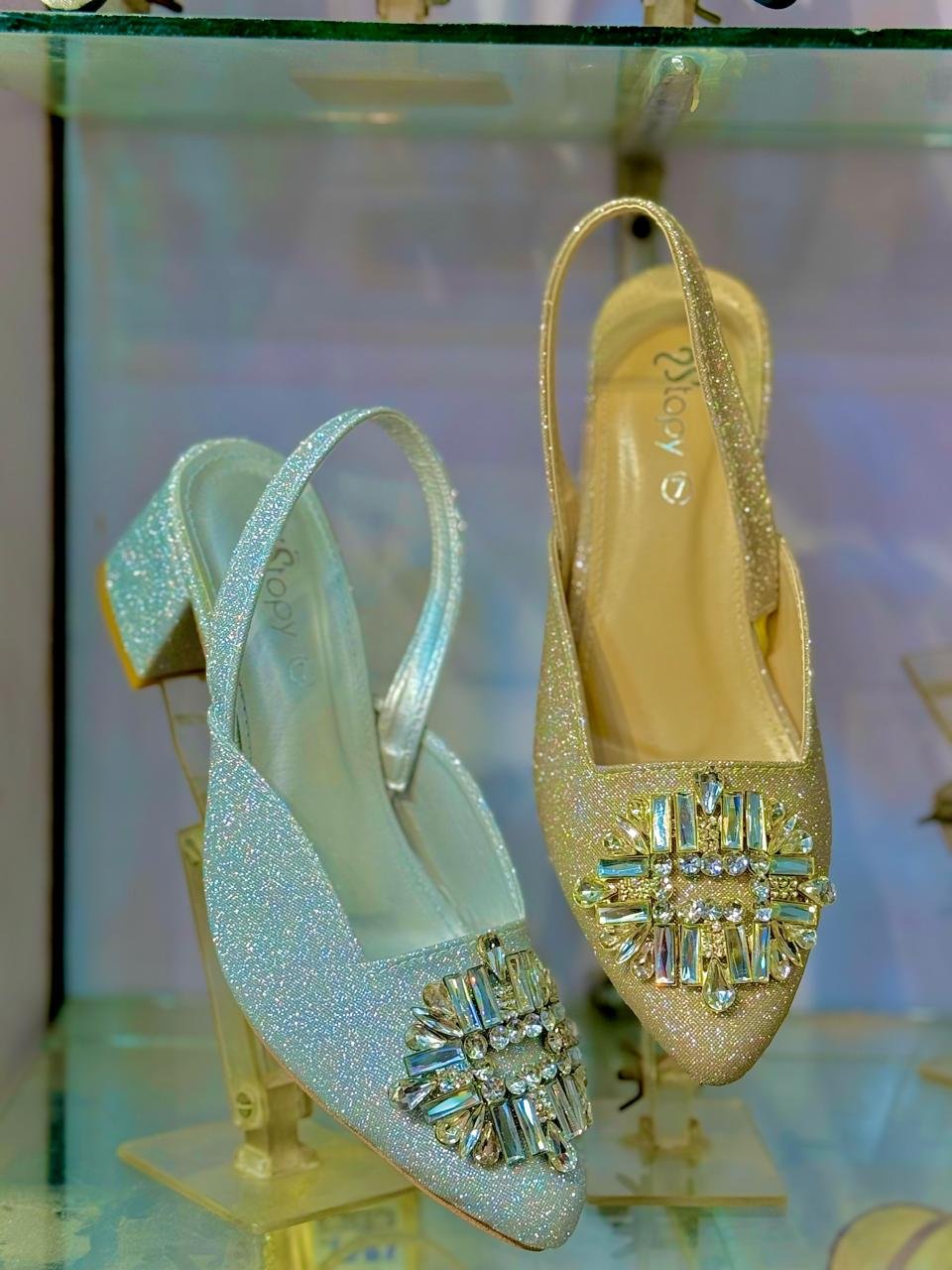 VOV Glitter Slingback Block Heel Pumps – Silver & Gold