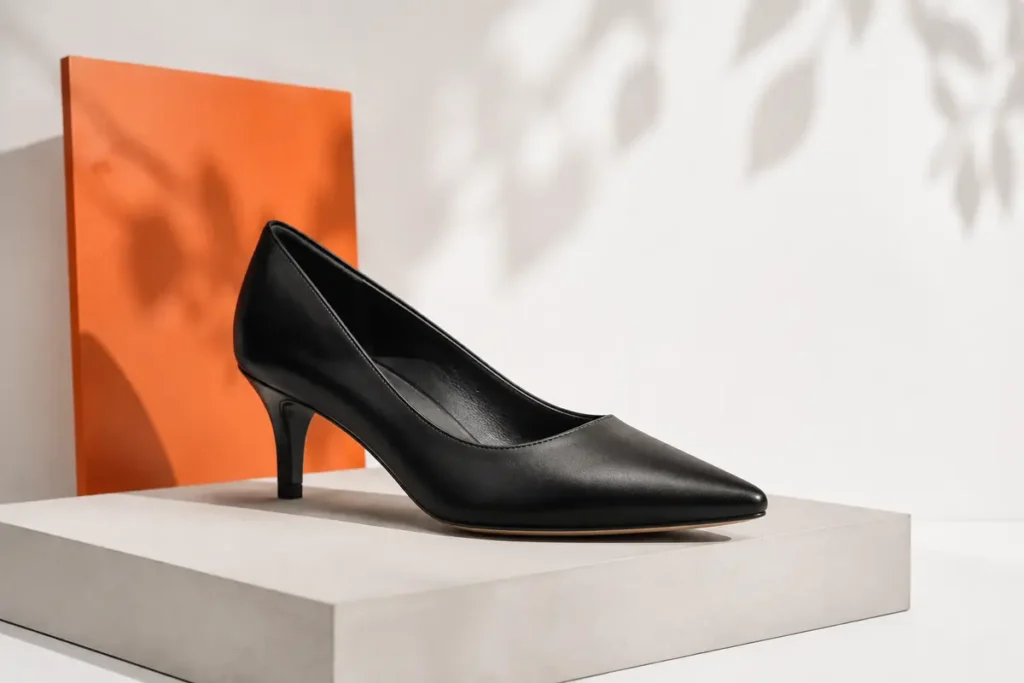 Black heels in a white and orange editorial studio setting