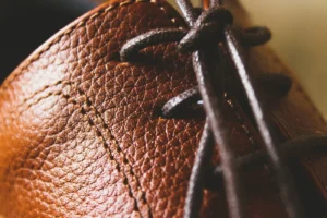 Close-up view of a brown leather shoe showing its surface and finish