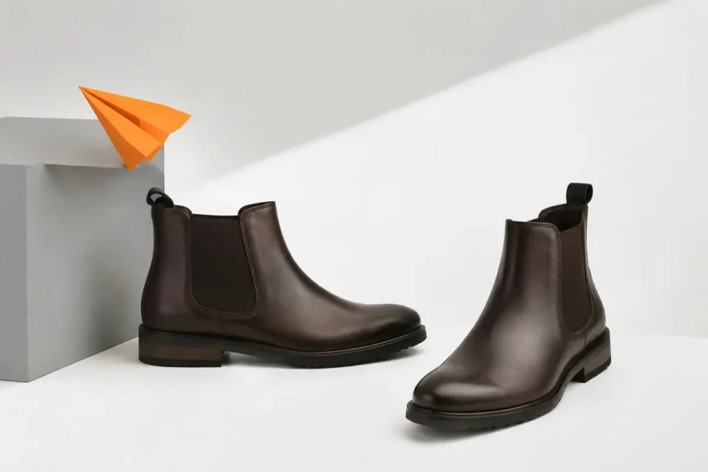 Brown Chelsea boots showing elastic side panels and pull tabs