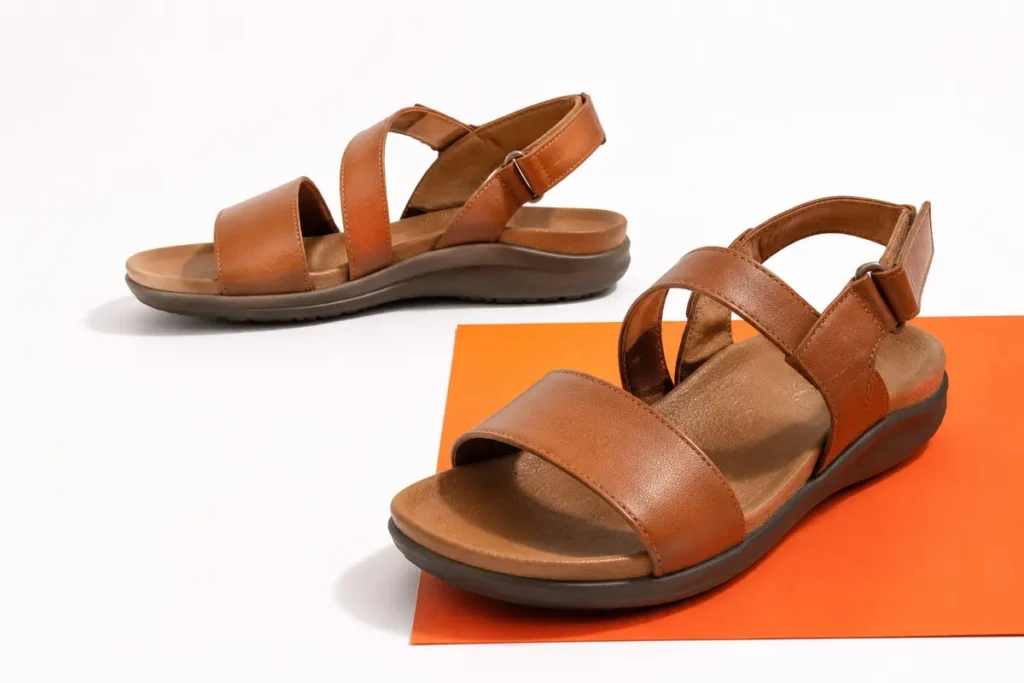 Supportive flat sandals shown from side and top angles