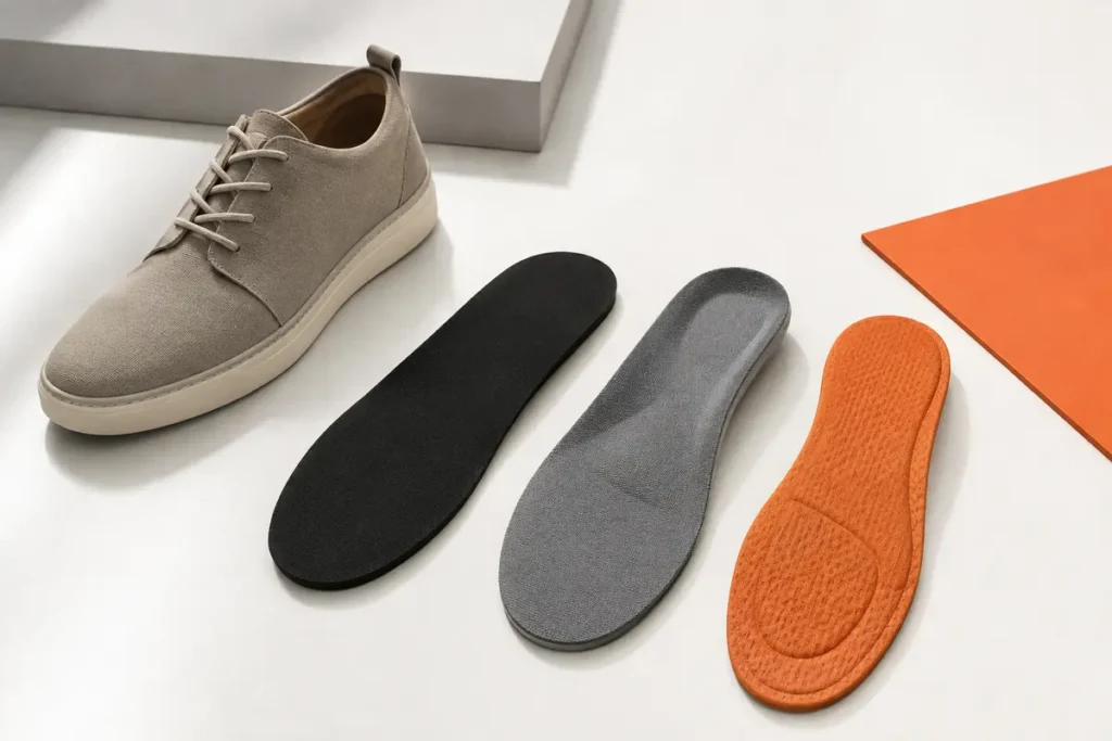 Three removable shoe inner soles compared beside a lace-up shoe