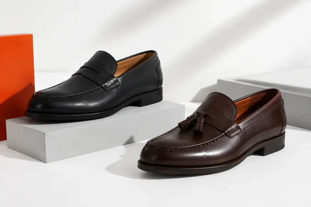Black penny loafer and brown tassel loafer compared