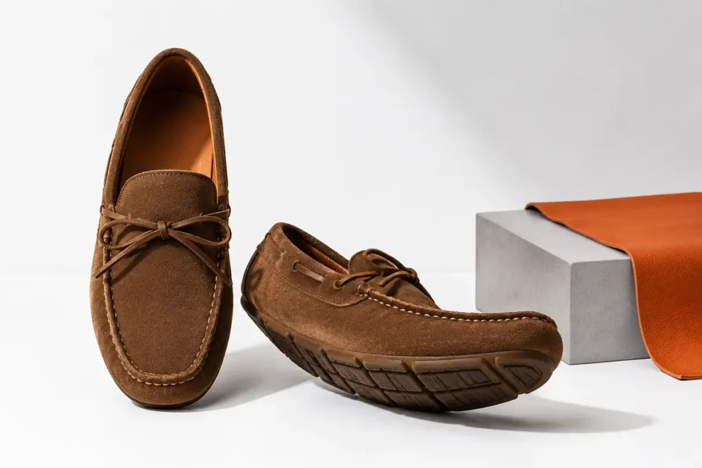 Brown moccasin shoes showing stitched toes and flexible soles