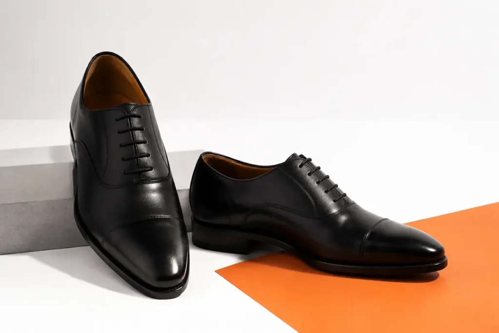 Black Oxford shoes showing closed lacing and formal toe shape