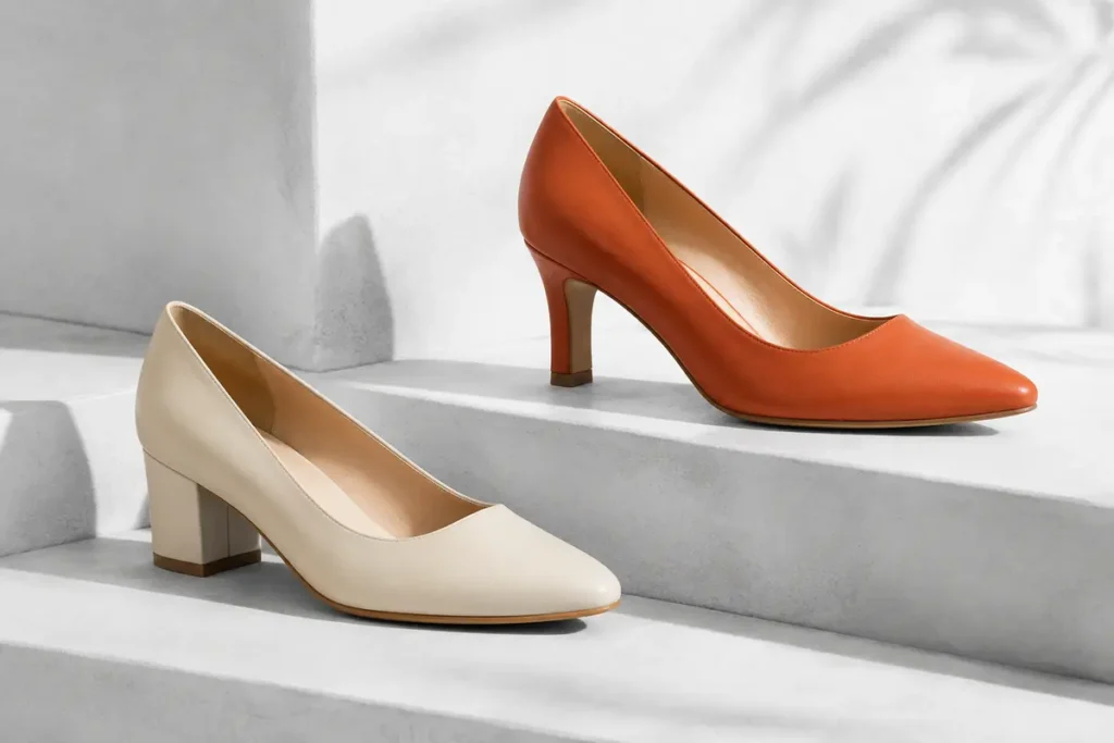 Cream and orange pumps heels compared in an editorial studio