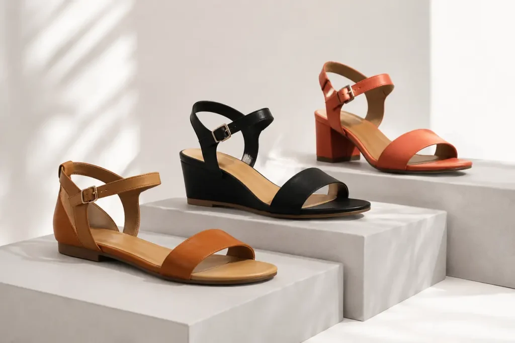 Three adult women sandal types compared by heel and strap style