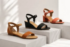 Three adult women sandal types compared by heel and strap style