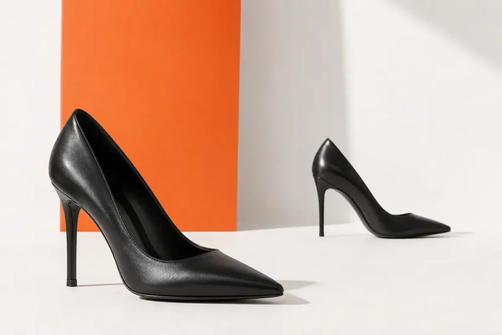 Black stiletto heels shown from two useful angles