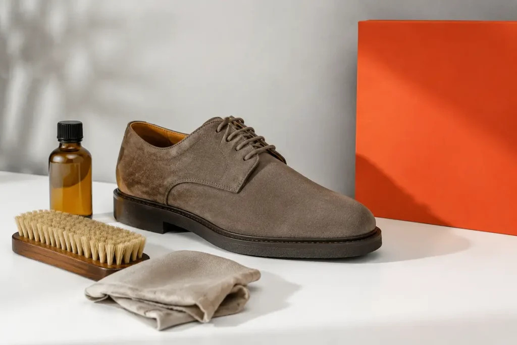Suede shoe with brush cloth and protector for a care guide