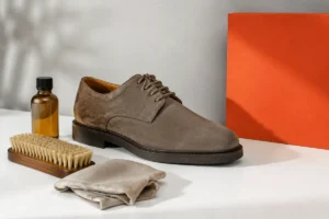 Suede shoe with brush cloth and protector for a care guide