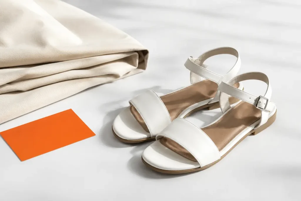 White flat sandals styled with neutral fabric and an orange accent