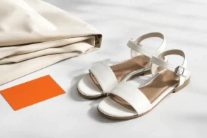 White flat sandals styled with neutral fabric and an orange accent