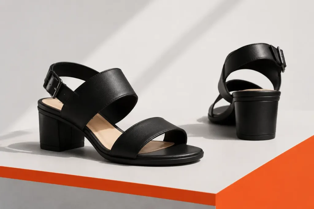 Black womens heeled sandals with broad straps and block heels