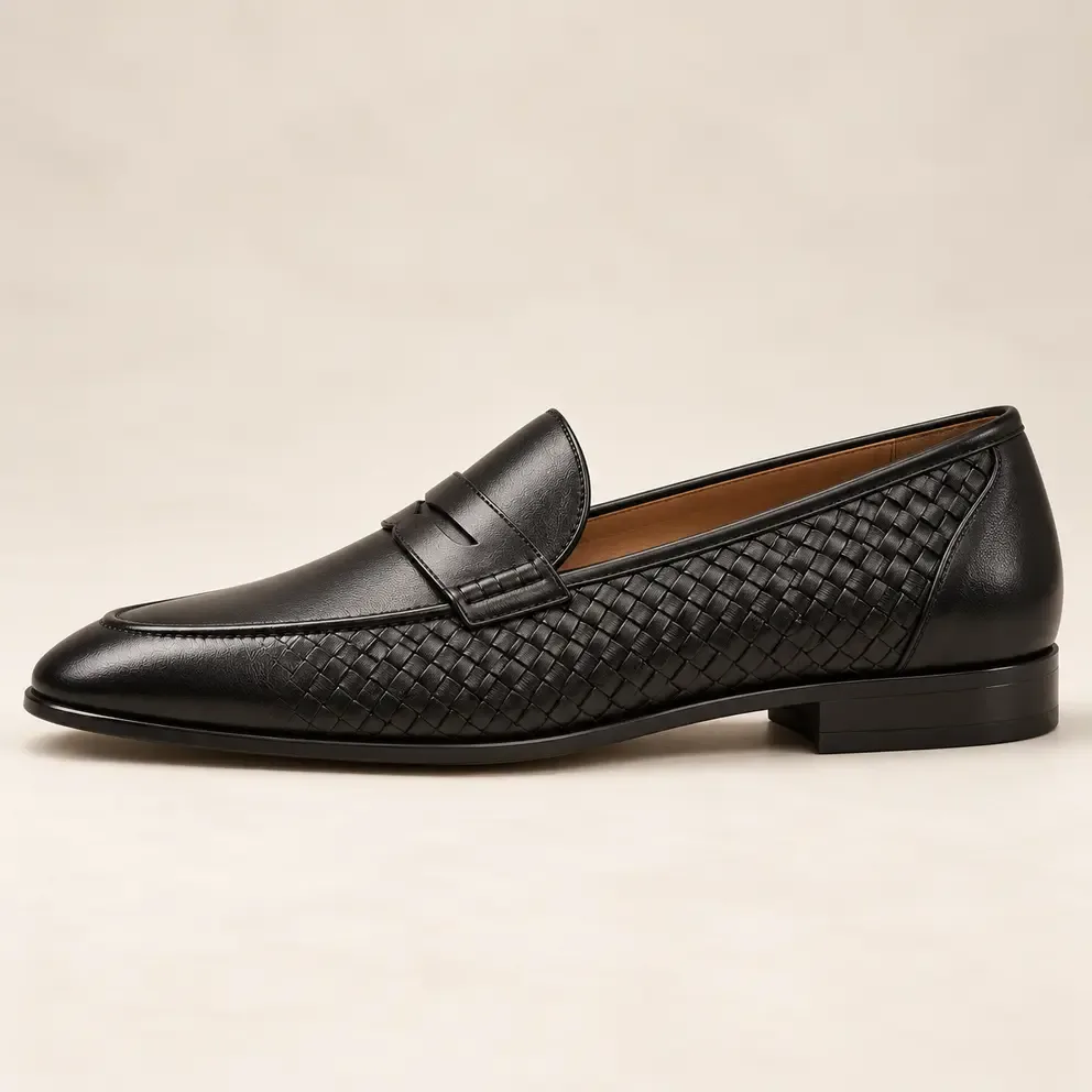 Charcoal penny loafer with woven side panels