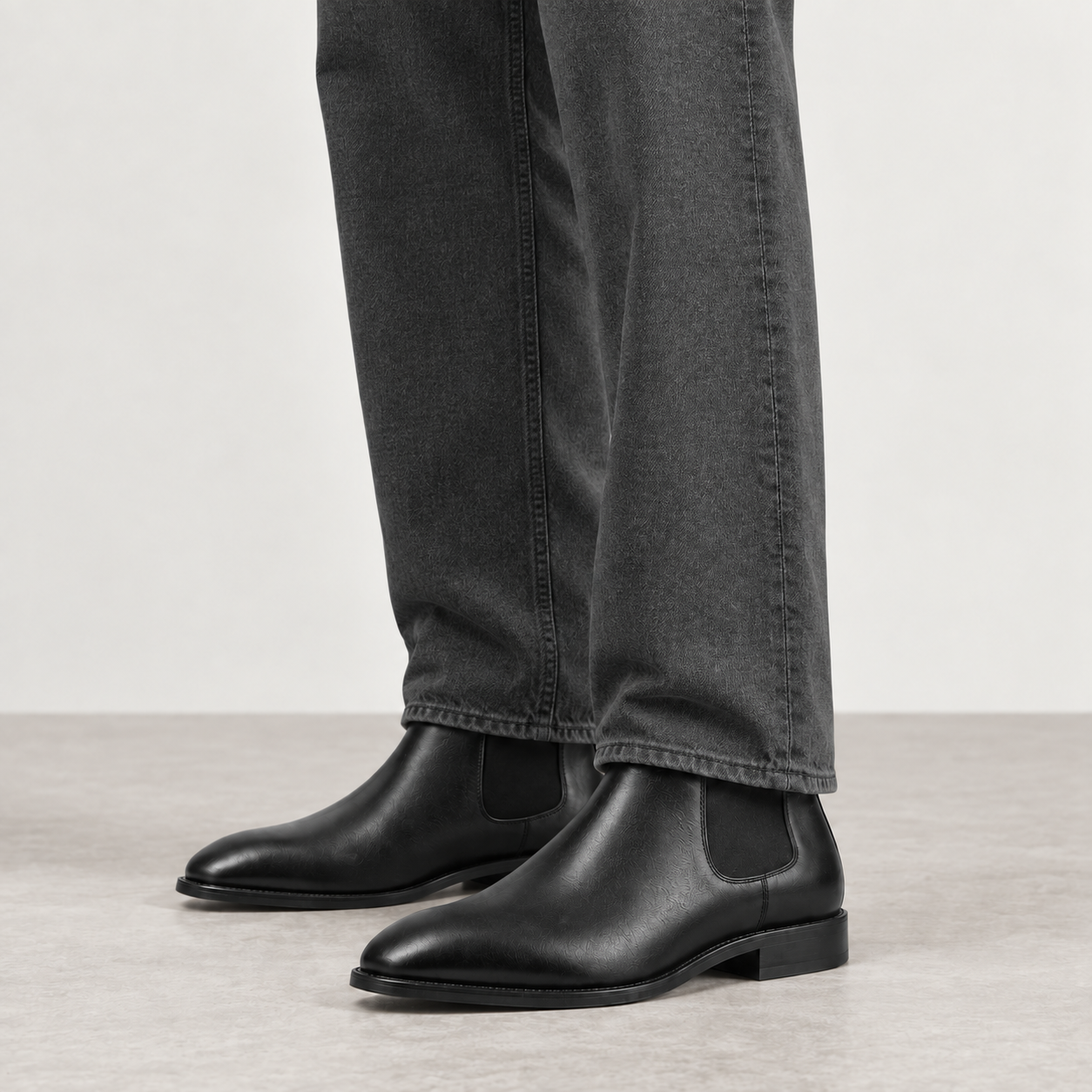 Black Chelsea Boot worn with trousers