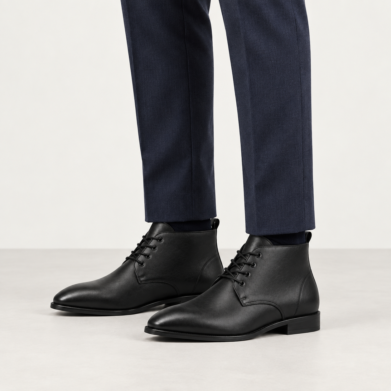 Black Lace-Up Chukka Boot worn with trousers