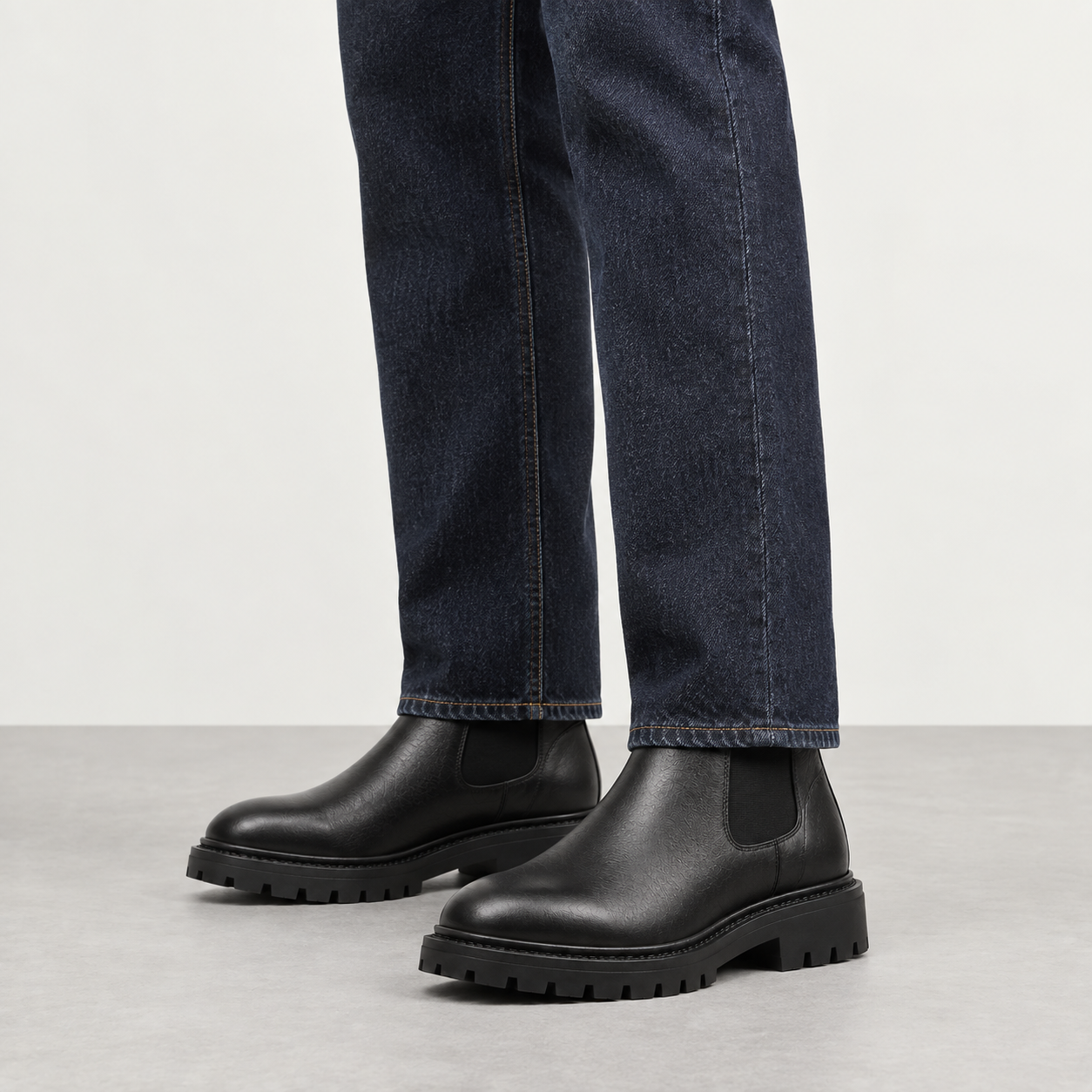 Black Chunky Chelsea Boot worn with trousers
