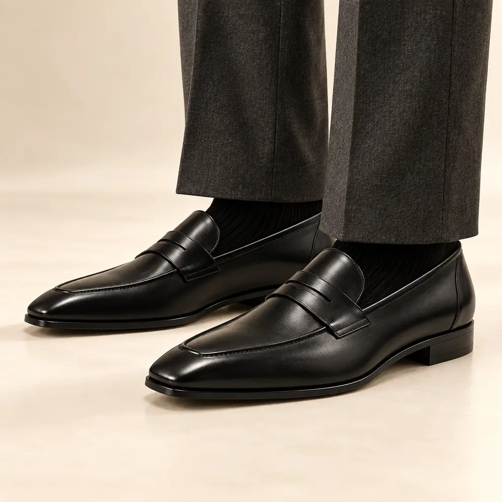 Obsidian Sculpted Penny Loafer worn with trousers