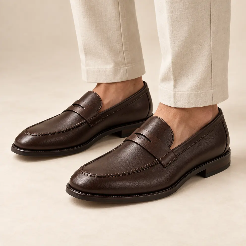 Espresso Split-Apron Loafer worn with trousers