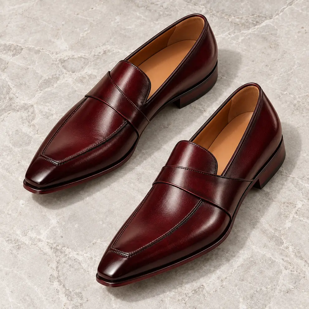 Oxblood Asymmetric-Strap Loafer — 02 diagonal pair