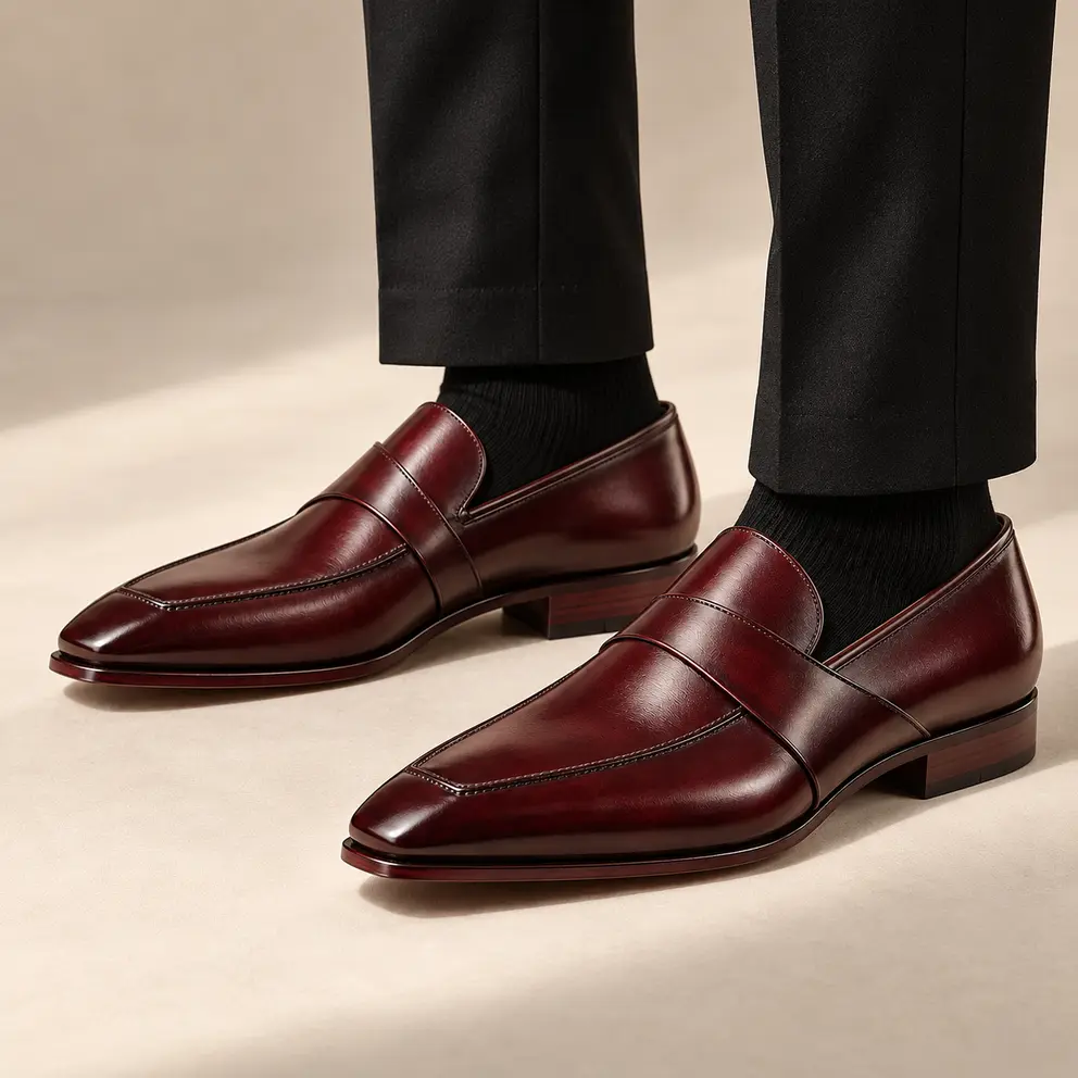 Oxblood Asymmetric-Strap Loafer — 03 on foot