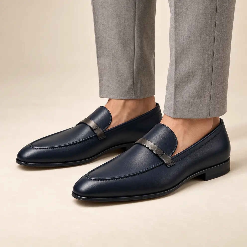 Midnight Navy Raised-Apron Loafer worn with trousers