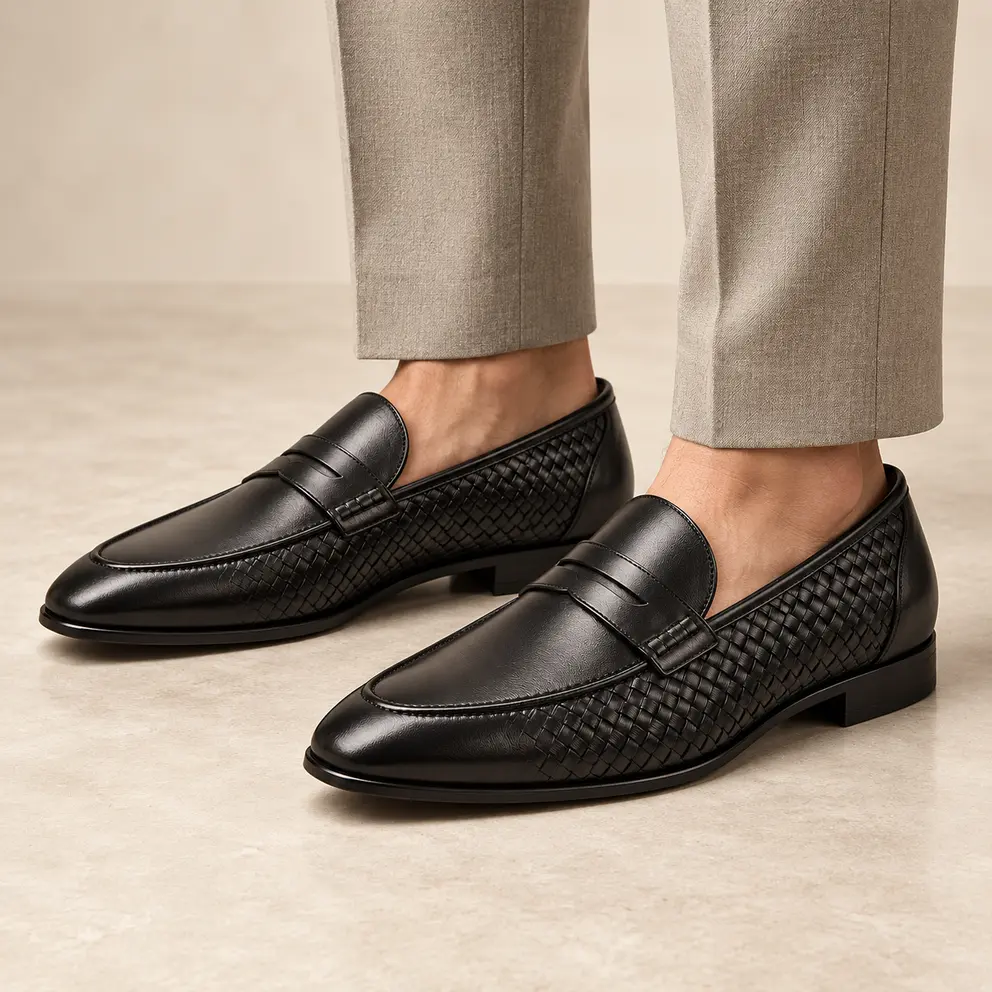 Charcoal Woven-Quarter Loafer worn with trousers