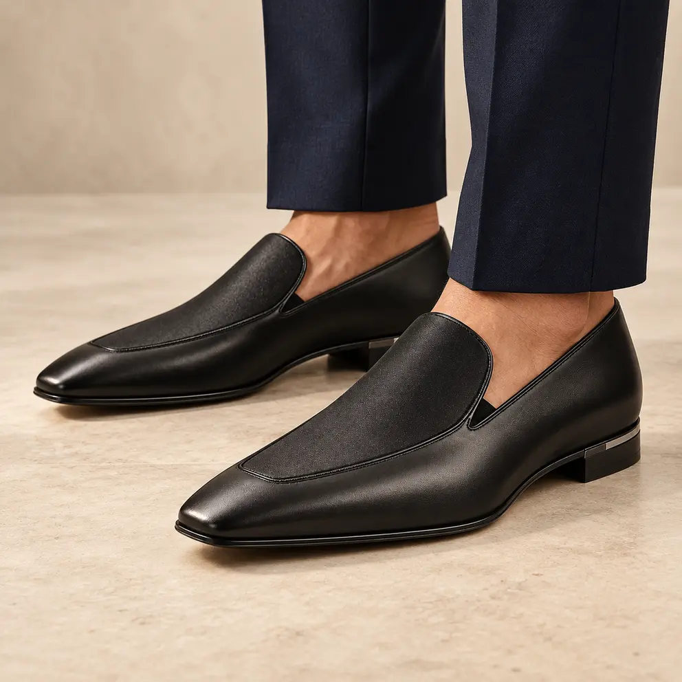 Black Satin-Finish Evening Loafer worn with trousers