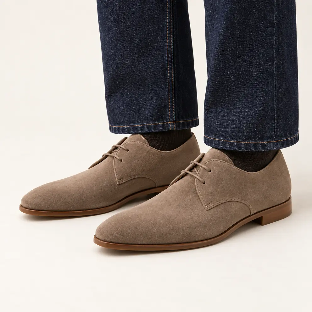 Mushroom Suede Minimal Derby worn with trousers