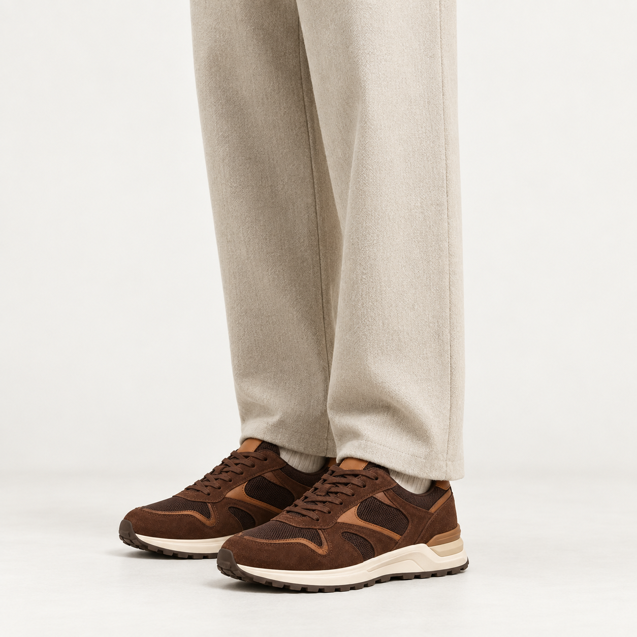 Brown Retro Runner worn with trousers