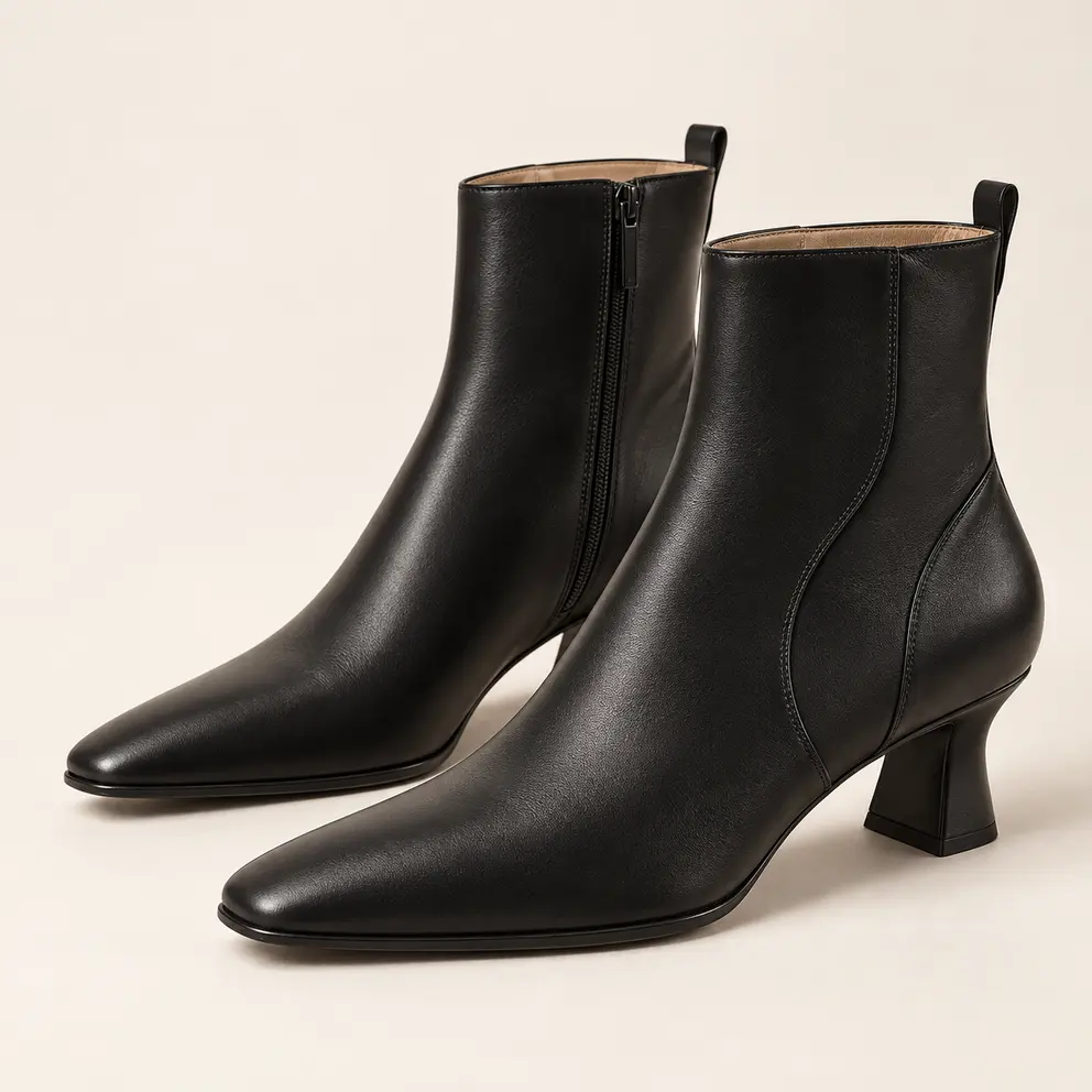 Pair of black women's ankle boots with a curved seam and sculpted heel, angled front view