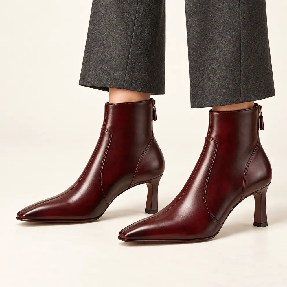 Oxblood Seam-Frame Ankle Boot worn on foot