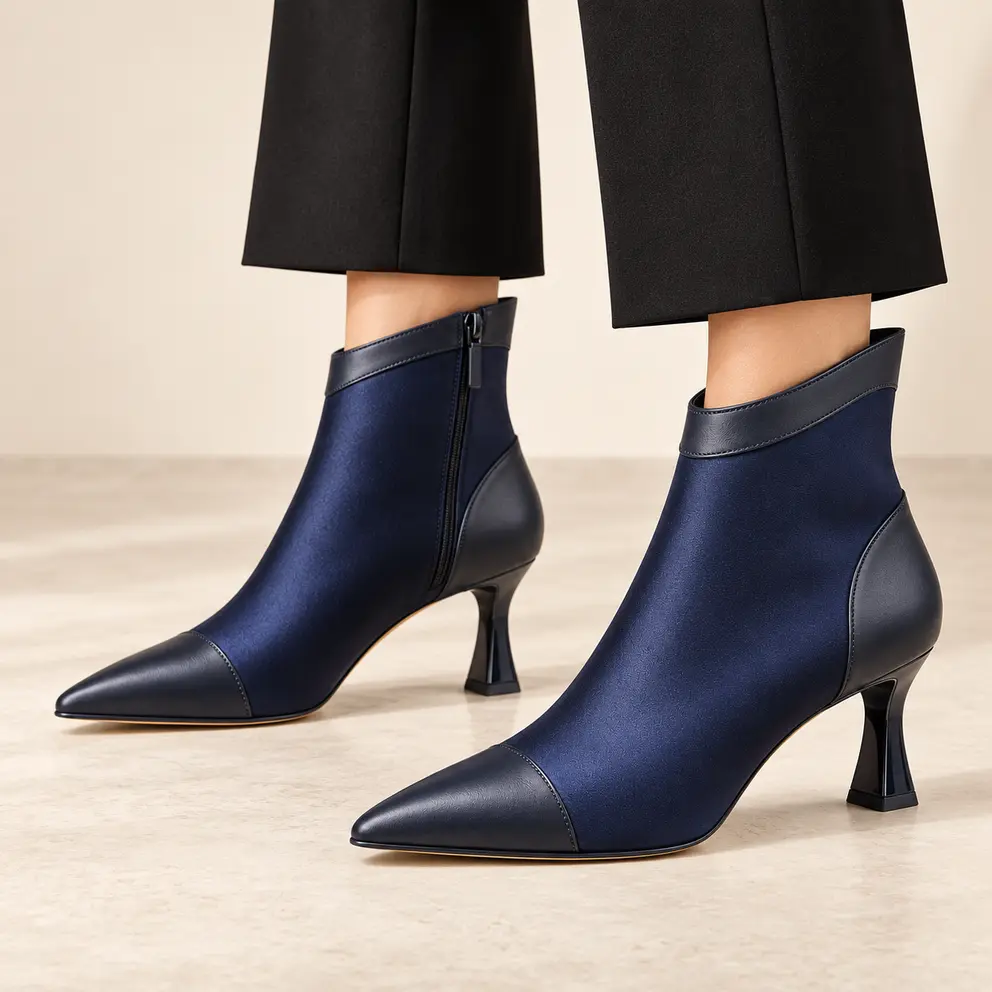 Midnight Navy Contrast-Toe Ankle Boot worn on foot