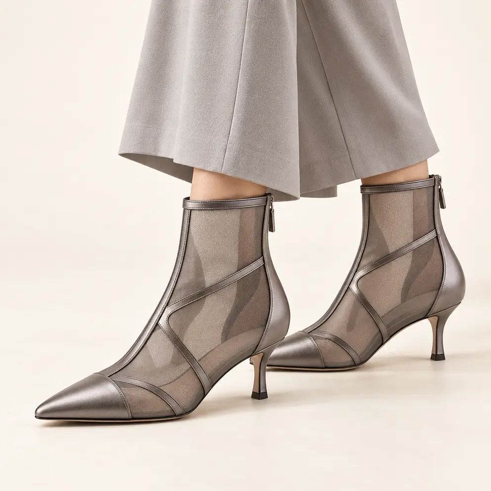 Pewter Mesh-Panel Ankle Boot — 03 on foot