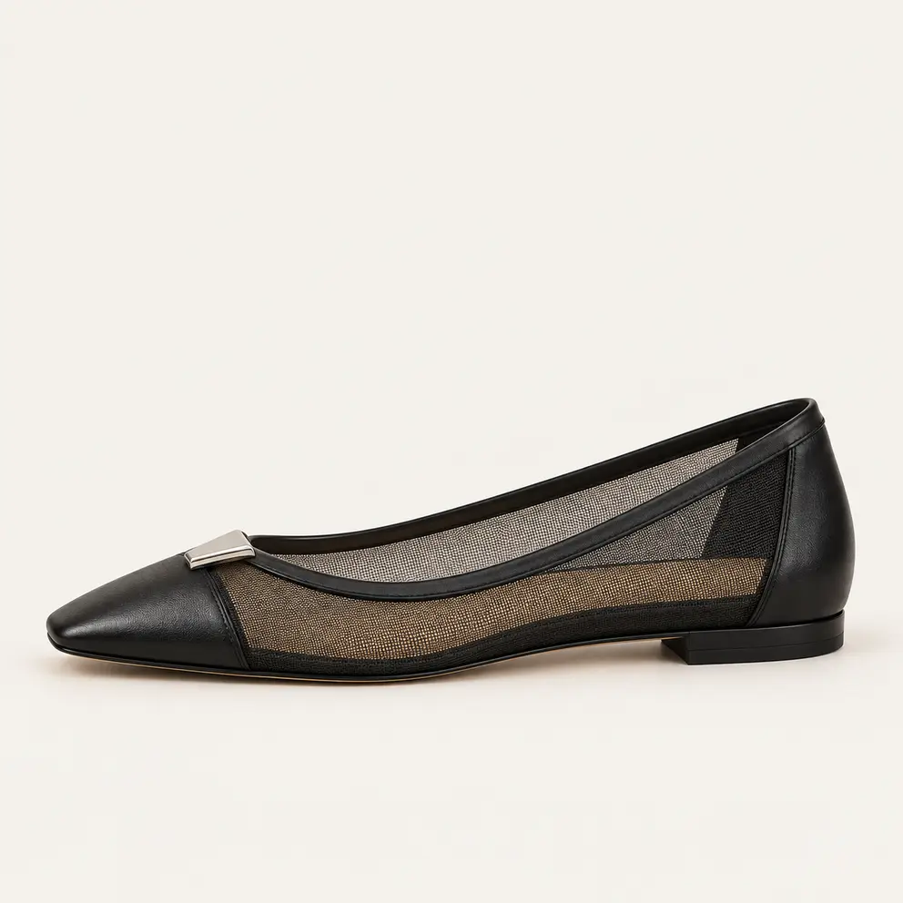 Black Mesh Panel Square-Toe Flat