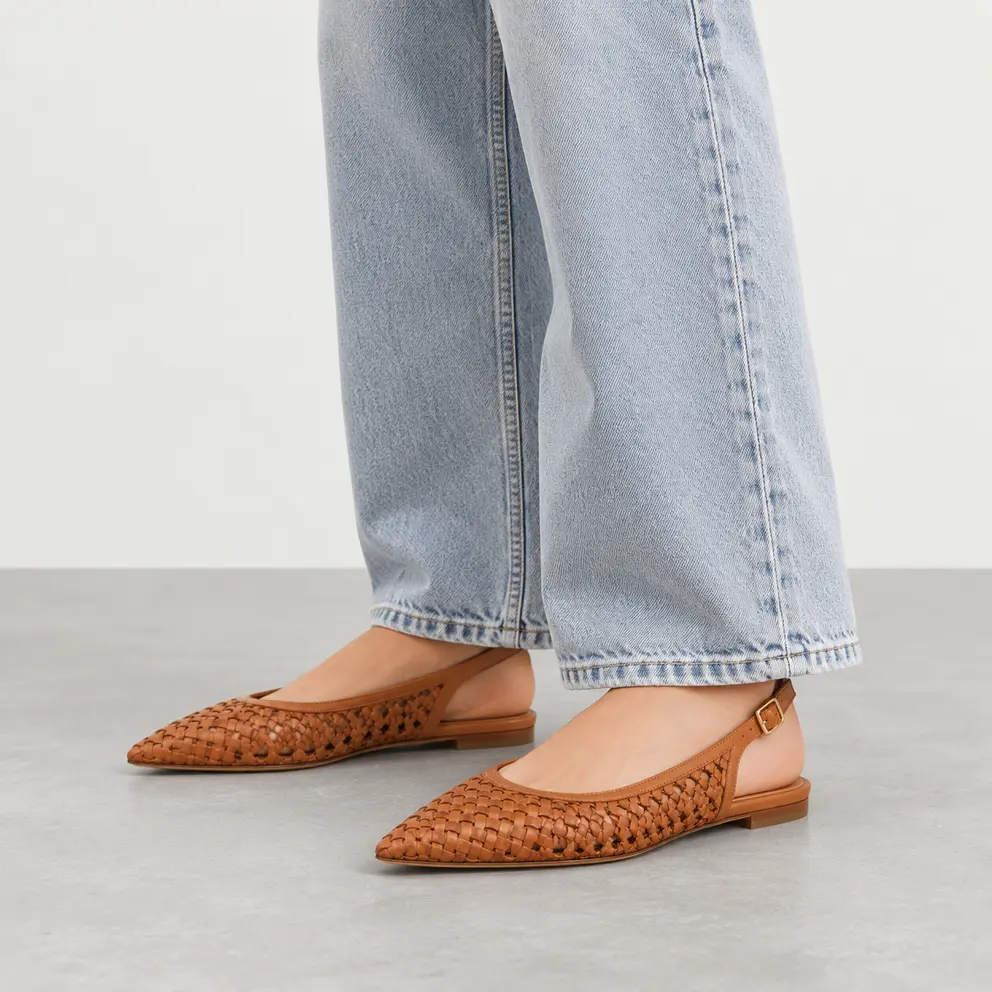 Cognac Woven Slingback Flat worn on foot