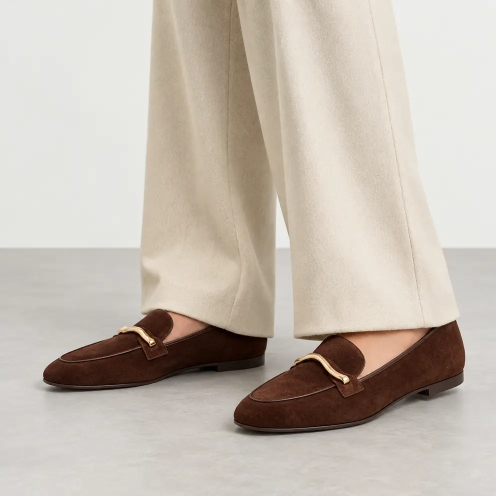 Chocolate Suede Horsebit Loafer worn on foot