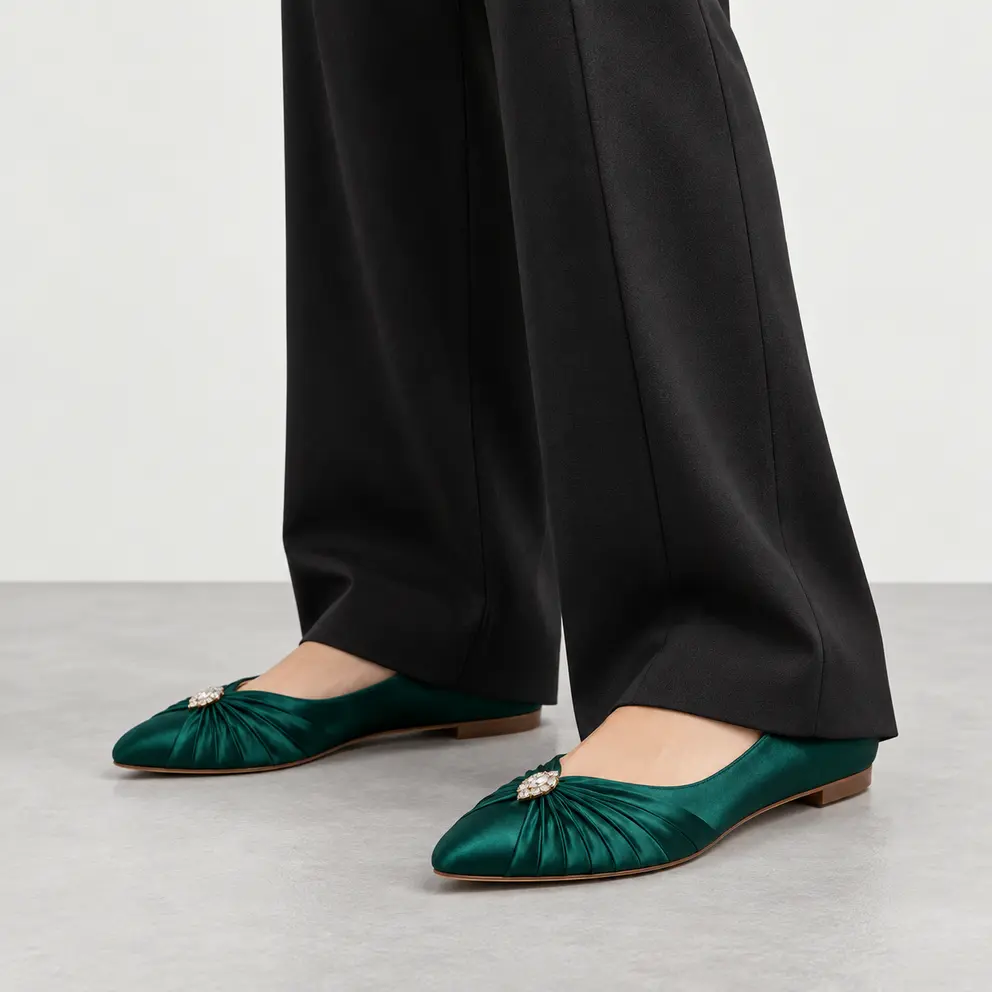 Emerald Pleated Evening Flat worn on foot