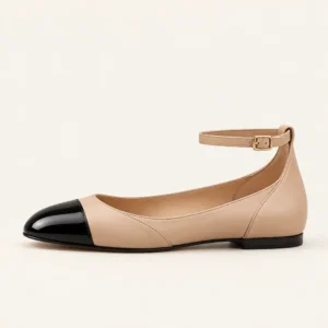 Beige Black Cap-Toe Ankle-Strap Flat view 1