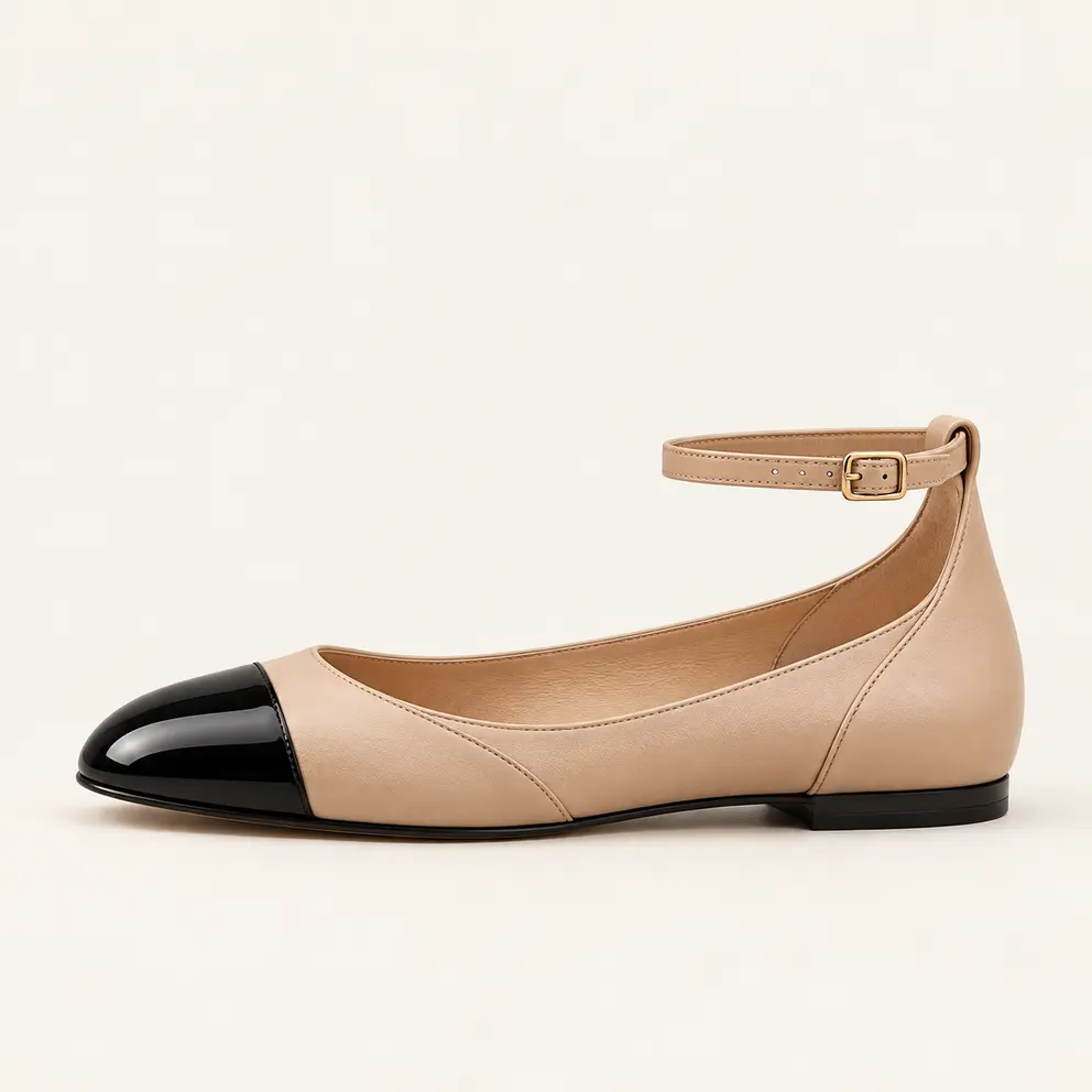 Beige Black Cap-Toe Ankle-Strap Flat