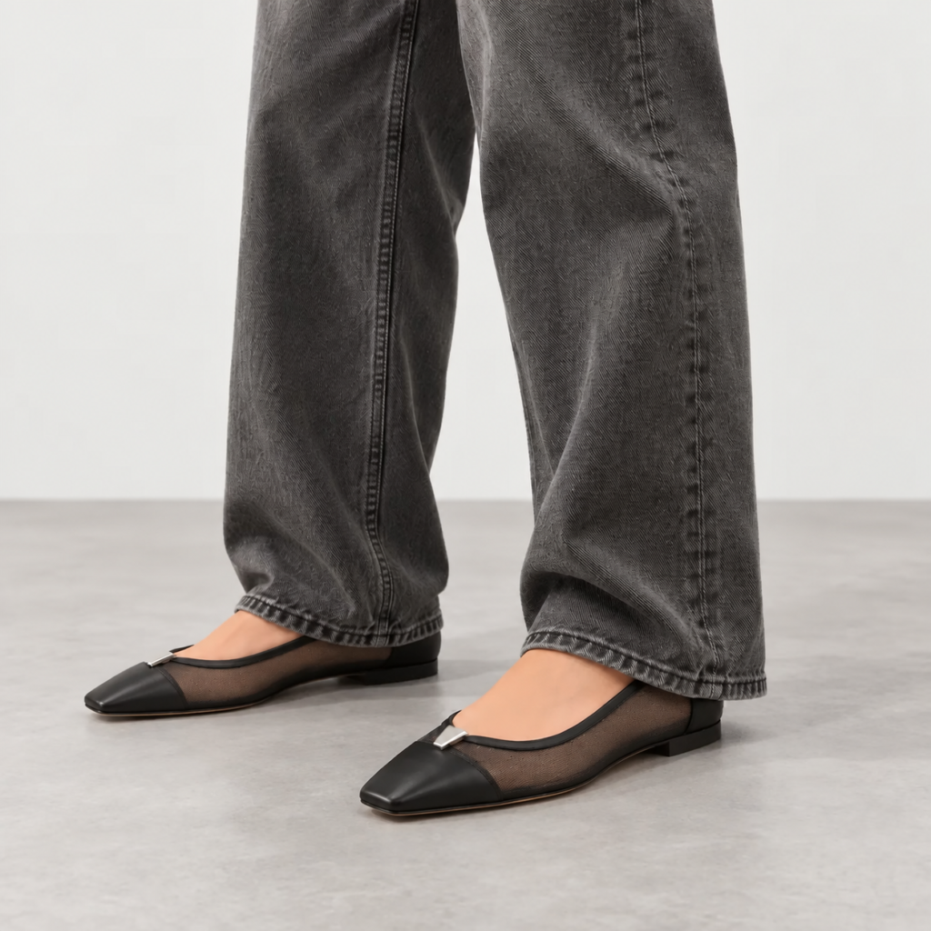Black Mesh Panel Square-Toe Flat worn on foot