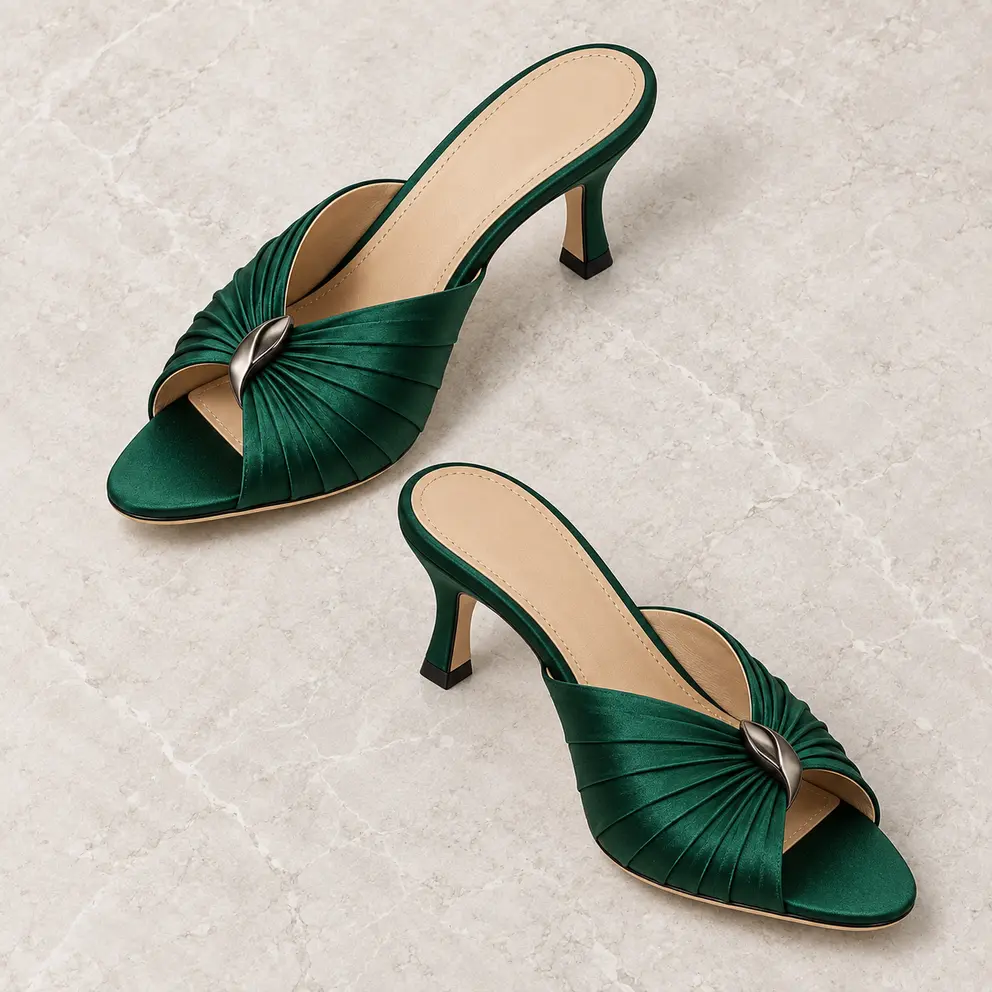 Pair of emerald green open-toe evening mules with a pleated crossover upper