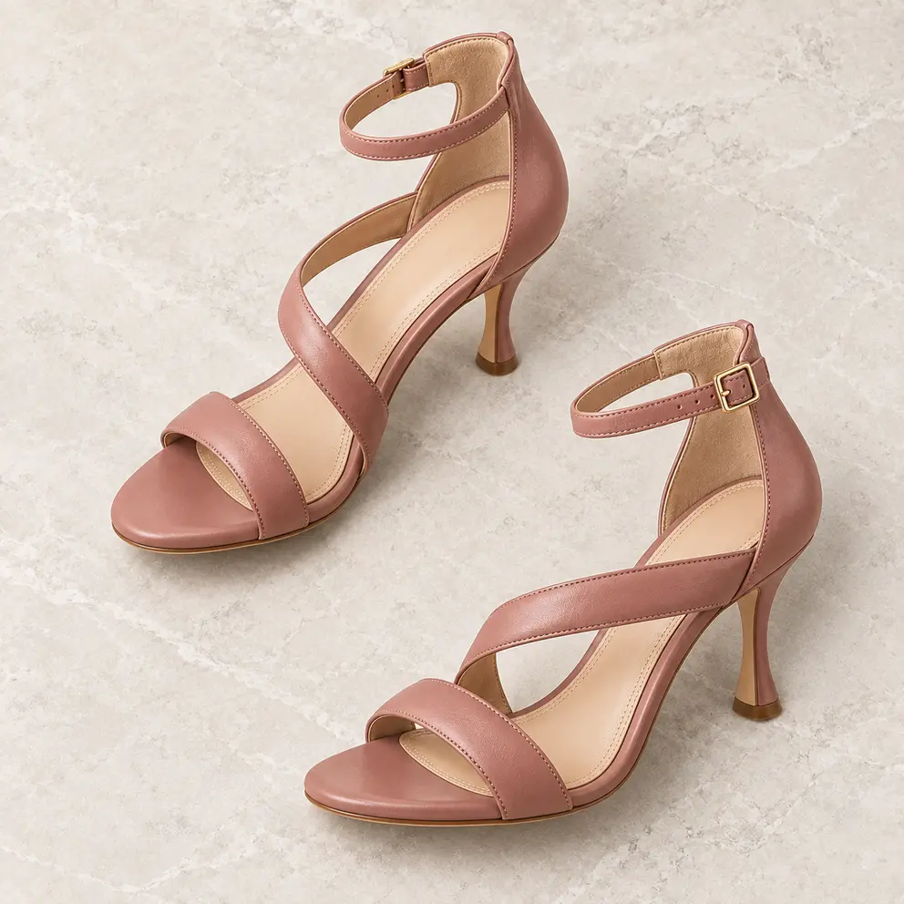 Pair of dusty rose strappy heel sandals with asymmetric straps and ankle fastening