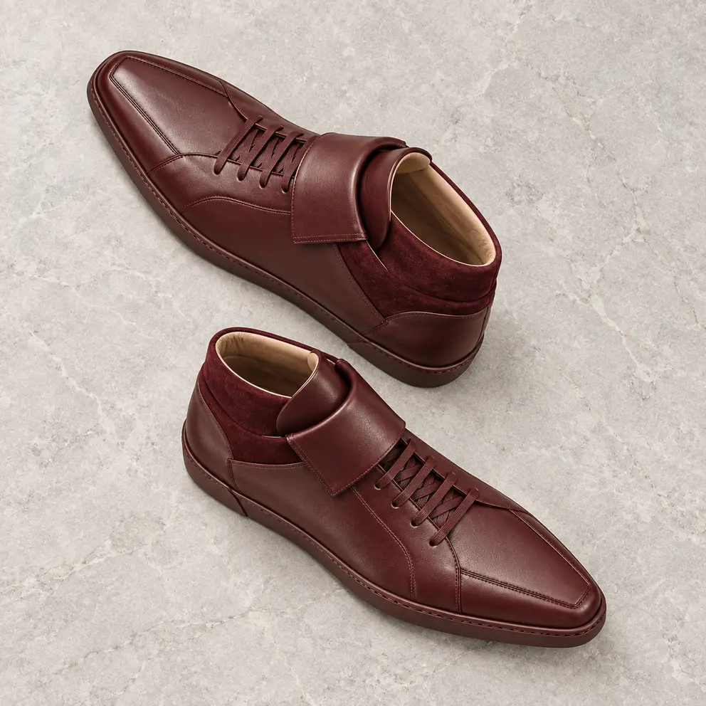 Burgundy Folded-Tongue Mid-Top Sneaker - diagonal pair