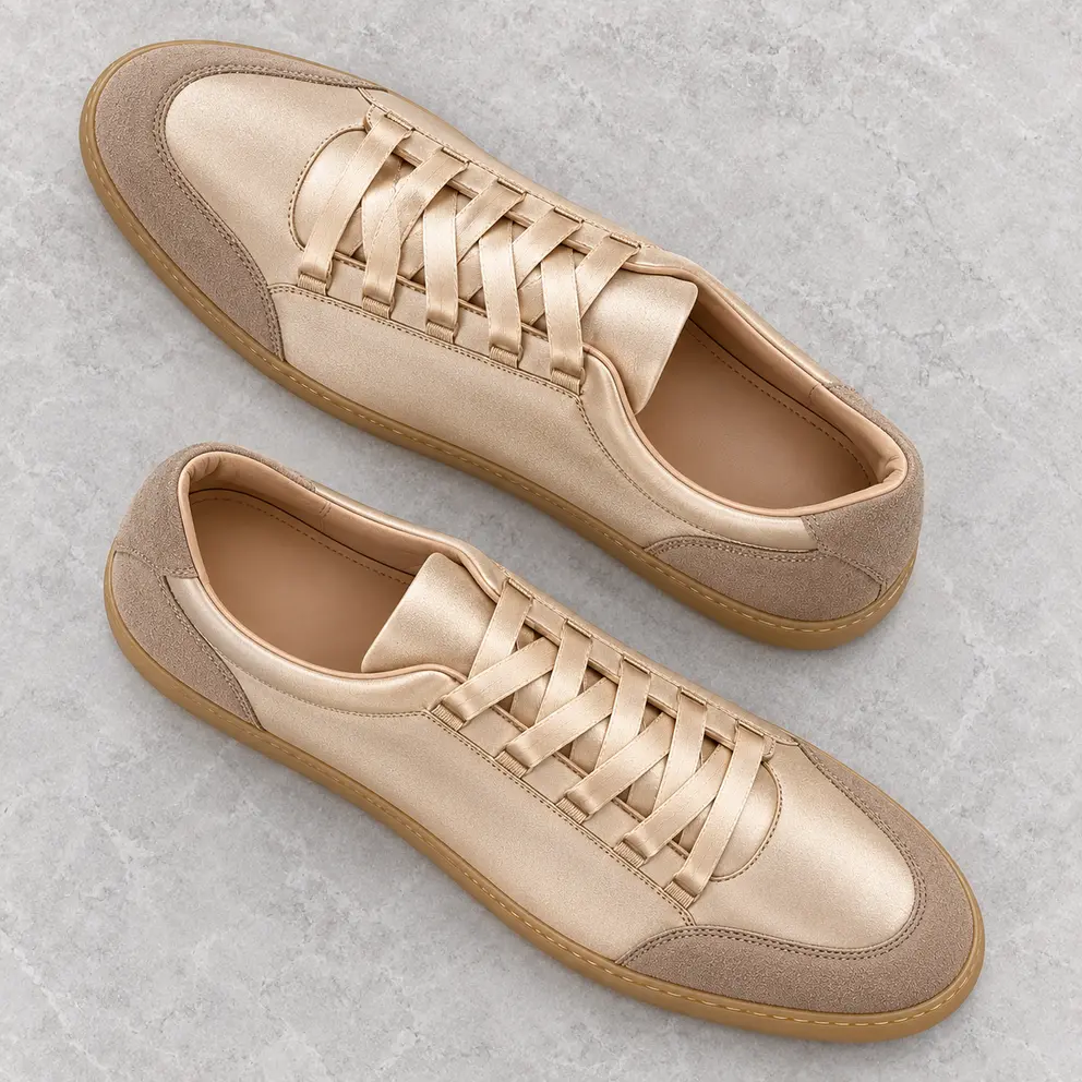 Champagne Satin Ribbon Sneaker - diagonal pair
